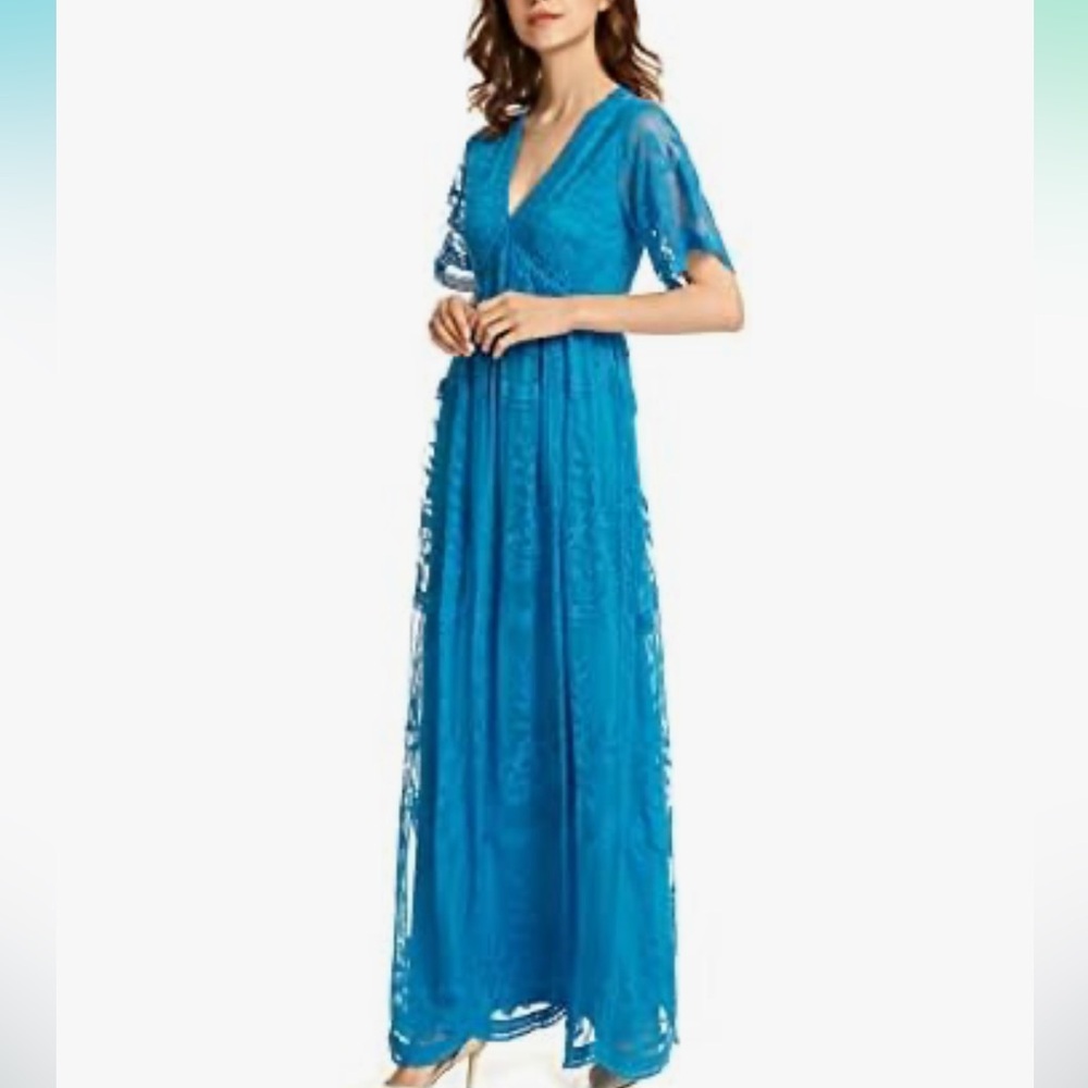 Sodress Lace overlay maxi dress‎ Blue v neck embroidered floral women’s medium